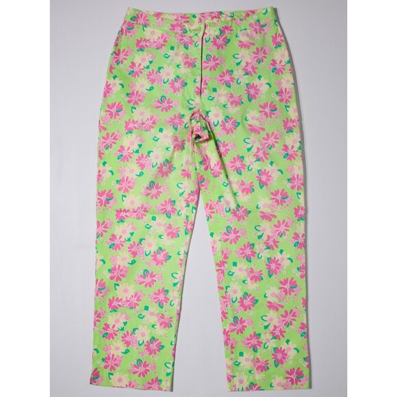 VTG Lilly Pulitzer White Label Crop Pants Green Pink Rhinoceros Flowers Women 2 - Picture 1 of 11